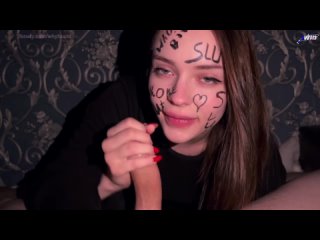 written on her face that she is a whore and roughly fucked deep throat while her step-daddy is home